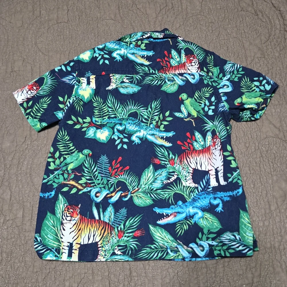 TCP toddler Hawaiian jungle animals button down shirt, tiger parrot crocodile 3T